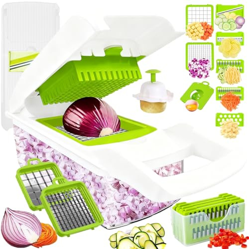Mandolina per Verdure Professionale Manuale, Tagliaverdure Multifunzione | Spinta Trituratore e Affettatrice, Mandolino Affetta Taglia Grattugia Trita Zucchine Cipolla Patate Julienne Chopper Cubetti