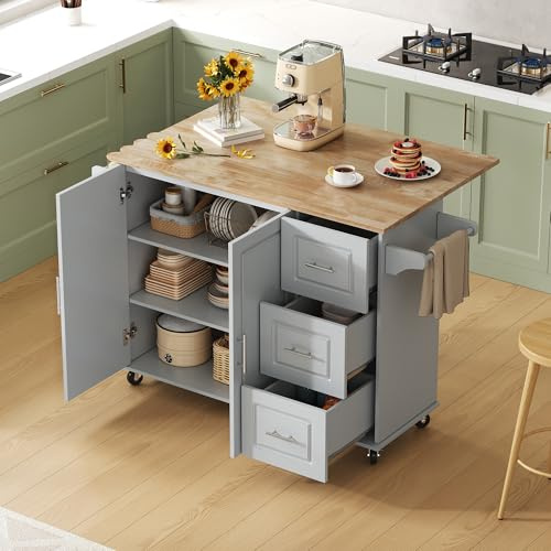 Ktipm Isla Cocina con Ruedas y Tablero Plegable, Isla de Cocina con 3 Cajones y 2 Puertas, Mueble Auxiliar Cocina con Estante Ajustable y Toallero, para Cocina y Comedor, 137x43-76x92 cm, Gris