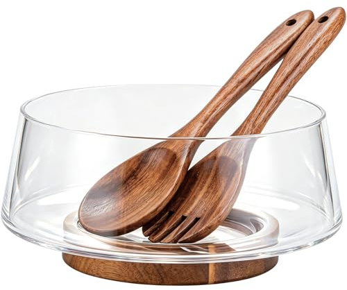 muso wood Salad Bowl Set Large-capacity Glass Salad Bowl with Acacia Wood Base and Salad Spoon-fork Perfect for Family Gatherings and Dinner Parties Mix Effortlessly