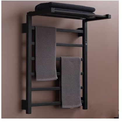Hardwired Heated Towel Rack - Black Stainless Steel Wall-Mounted Drying Bar with Top Shelf Electric Bathroom Radiator for Luxurious Warm Towels