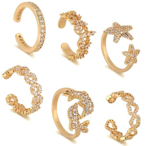 Mikovivi 6pz Anelli Dita Piedi Oro, Regolabili Fascia Liscia Cerchio Cuore con Strass Corona Delfino Stella Marina Anelli Dita Piedi per Donna