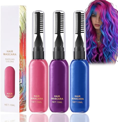 Temporary Hair Mascara Colour Set With Applicator Brush - Washable Dye Sticks For Dark Hair Three Colour Options Affordable Set For Festivals Parties Creative Styling Easy Application