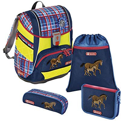 Step by Step Schulranzen-Set 2IN1 DIN „Horse Family“ 4-teilig, blau-rot, Pferde, ergonomischer Tornister mit Reflektoren, höhenverstellbar mit Hüftgurt für Mädchen ab der 1. Klasse, 19L