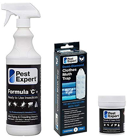 Pest Expert Carpet Moth Killer Spray 1ltr, Super Fumer 11g Carpet Moth Killer Smoke Bomb - Formula 'P Moth Killer and Demi Diamond Pheromone Trap (HSE approved and tested)
