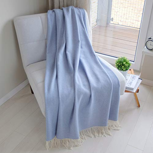 Linen & Cotton Manta Sofa/Mantas de Cama de Lujo STONEWOLD - 100% Pura Lana Merino, Cielo Azul (140 x 200cm) Plaid/Blanket/Funda Single Matrimonial de Lana Oveja Ideal para el Invierno