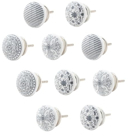 Knober Möbelknopf Keramik Weiß Art-Deco Landhausstil Shabby-Chic Kommodenknopf Kommodengriff (03. SW-Mix 10 Stück)