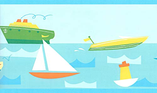 Dundee Deco BD6296 Tapeten Bordüre – nautisches Blau, Gelb, Grün, weiße Schiffe, Segelboote, Tapetenbordüre Retro-Design, 4,57 m x 15,24 cm