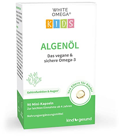 Omega 3 Kinder - 330 mg DHA pro Tagesdosis - Omega 3 vegan aus Algenöl - ohne Fischgeschmack - zuckerfrei - Algenöl Kapseln für Kinder - 100% vegan - White Omega Kids (90 Mini Kapseln)
