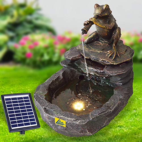 Solar Gartenbrunnen Brunnen Solarbrunnen Zierbrunnen Wasserfall Gartenleuchte Teichpumpe für Terrasse, Balkon, mit Pumpen-instant-Start-Funktion mit Liion-Akku & Led-Licht (DURSTIGER Frosch)