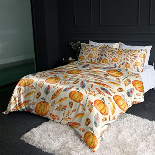 BlessLiving 3-Piece Double Silk Like Duvet Cover Set Orange Autumn Watercolor Design Pumpkins Gold Yellow Fall Leaves Pattern Silk Satin Bedding Sets Cheerful Natural Bedspread