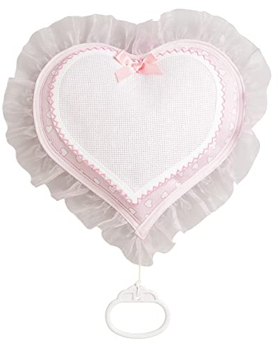 FILET AMP3023R - Fiocco Nascita Musicale, Coccarda Nascita a Forma di Cuore con Carillon, Inserto in Tela Aida da Ricamare, Made in Italy, Colore Rosa