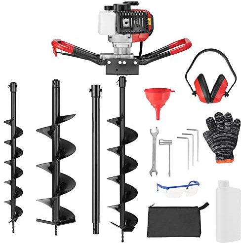 BAKAJI Mototrivella a scoppio Trivella con Motore a Benzina 52cc Monocilindrica Tre Punte di Ricambio 100mm 150mm 200mm Cambiabili con Accessori e Prolunga Trivellatrice Giardino Giardinaggio Lavoro