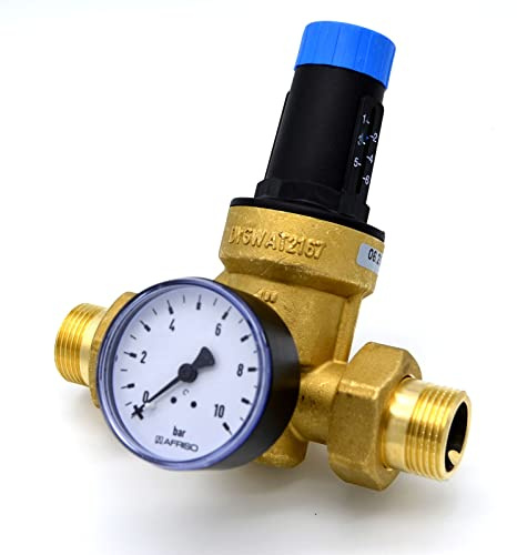 zbs24 Druckminderer für Wasser DN15-1/2 Zoll delphisXpert DRV mit Anschlussverschraubungen Aussengewinde - Handwerkerqualität DVGW geprüft - inkl. Manometer 0-10 bar
