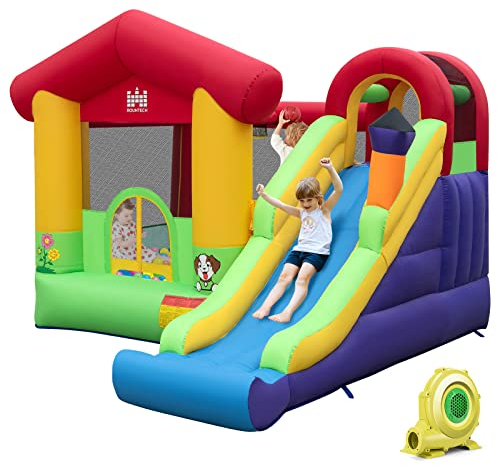 COSTWAY Hüpfburg mit Gebläse, Langer Rutsche, Sprungbereich, Kletterwand, Basketballkorb und Spielbällen, Indoor- & Outdoor Hüpfburg für Kinder, 325 x 290 x 225 cm