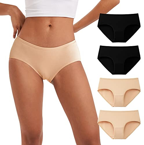 INNERSY Underbyxor dam bomull mjuka trosor medium midja hipster underkläder kvinnor 4-pack, Svart och beige, M