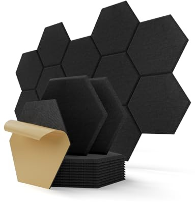 Kuchoow Hexagon Akustikplatten selbstklebend Schallabsorber Wand, 18 Stück Akustikpaneele Filz Akustik Absorber für Büro, Studio, Decke, Tür, Gaming, Kinderzimmer, 30x26x0,9 cm, Tiefschwarz