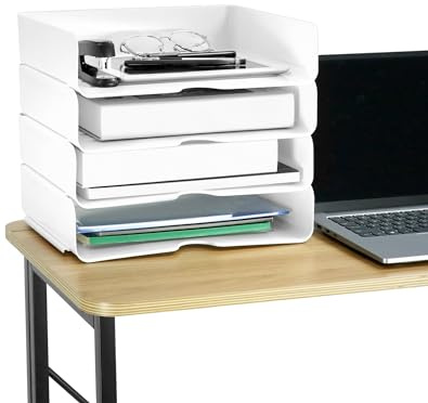 QWORK® Stapelbare A4-Ablagefächer, 4-Stöckige, Dokumentenablage, Ablagekorb, Weiß