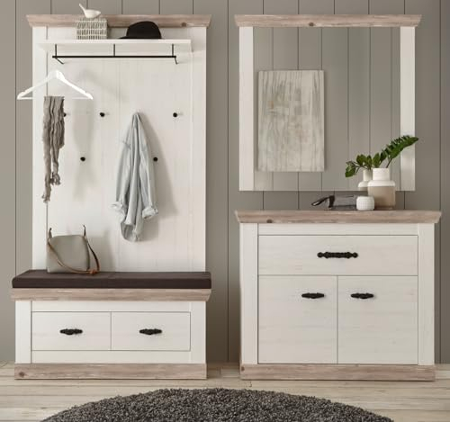 Garderobe in weiß Pinie und Oslo Pinie Landhaus Stil Flurgarderobe komplett Set 4 teilig mit Kommode, Sitzbank, Spiegel und Garderobenpaneel 224 x 201 cm Rovola (Set 3)