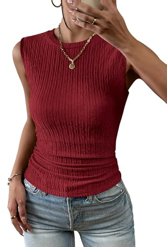 Hotouch Damen Tank Top Ärmellose Sommer Tops Rundhals Weste Basic Oberteile Casual Blusen Blasenfalten Weste Slim Fit Shirt Weinrot M