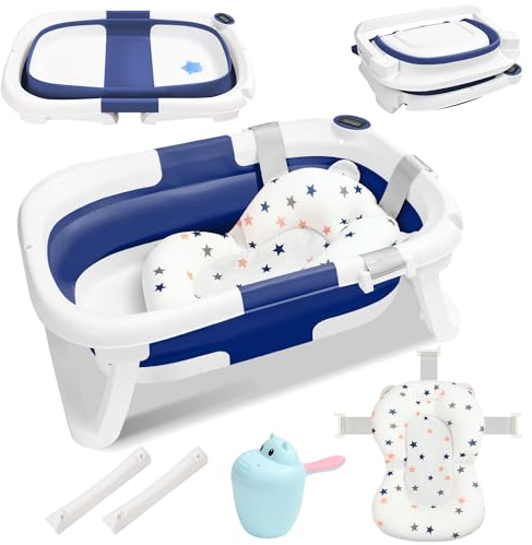Eulenke Faltbare Babybadewanne mit integriertem Thermometer und Baby-Haarwaschbecher - Tragbare Rutschfeste Wanne für Neugeborene bis 3 Jahre - Stützkissen inklusive, Blau