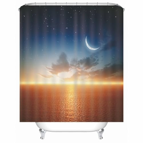 Homxi Duschvorhang Ösenringe,180 W x 180 H cm,Badewannevorhang Orange Blau Sonnenuntergang Sternenhimmel und Mond Polyester Duschvorhang Ringe für Duschvorhang Weiß