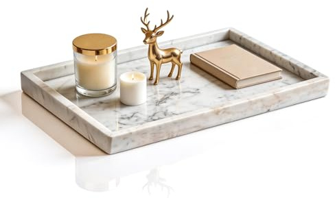 WORHE Italy Marble Vanity Tray for Jewelry, Perfume, Makeup, Candle,Towel | Natural Modern Decorative Trays for Bathroom Bedroom Dresser Rectangle Kitchen Storage Organizer for Home Decor White FX032