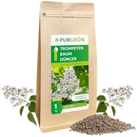 Purgrün® Trompetenbaum-Dünger 1 kg – Leuchtende Blüten dank Spezial-Rezeptur – Magnesium für leuchtende Blattfärbung – Schnelles Wachstum dank extra Stickstoff – Baumdünger für ca. 2-3 Bäi,e