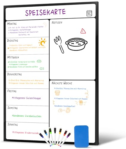 damoguin A3 Wochenplaner Abwischbar, Magnetisch Woche Menüplaner, Essensplaner für den Kühlschrank, Wöchentlicher Speiseplan, Magnettafel Planer Whiteboard für die Küche (Deutsch)