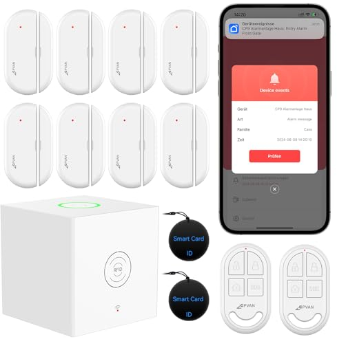 CPVAN Home Alarm System, Door/Window Alarm for Home Security, WiFi Alarm with Phone App Alarm 13 Piece Kit (Alarm Hub, 8 Door Sensors, 2 Remote Controls, 2 RFID Cards), Works with Alexa, Model: CP9