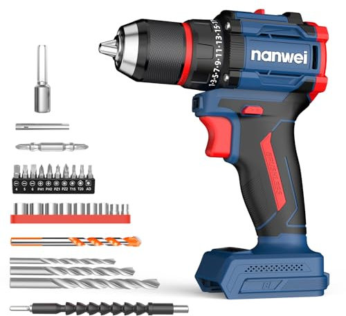 NANWEI Cordless Drill Compatible with Makita 18V Battery, Brushless Motor, 50N.m 21 Torque Power Drill 2 Speed with 27PCS Bits, Power Tools Set for Home and Garden DIY Project, Without Battery