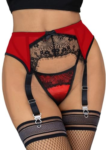 ohyeahlady Sexy Strapsgürtel Damen Spitze mit Clips Strumpfhalter Große Größen Strapsen Dessous Set Strumpfgürtel Strumpfband Strumpfgürtel Mesh Garter Belt Hosenträger mit 4 Halter Rot L
