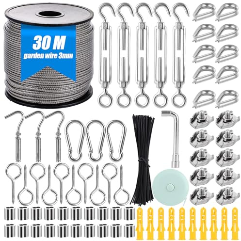 MEIDIV Garden Wire for Climbing Plants, 30M 3MM Stainless Steel Rope, Trellis Kit with Turnbuckle Crimping Clamps for Light Hanging and Picture Hanging