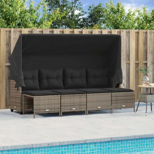 IKAYAA Gartensofa mit Sonnendach 3 Sitzer Rattan Sofa mit Hocker Garten Lounge Sofa Outdoor Gartenbank mit Dach Sitzbank Balkon Lounge Klein Balkonmöbel Rattansofa Couch Bank Balkon Möbel