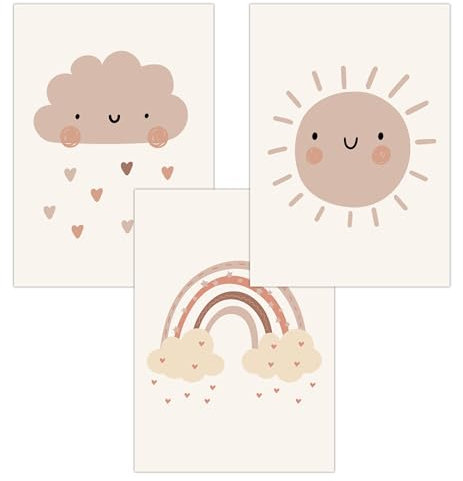 FAVELOT Poster Kinderzimmer Jungen & Mädchen 30x40cm - Regenbogen, Sonne, Beige Boho - Bilder Babyzimmer Deko - Deutscher Premium-Druck - 3er Set 30x40cm