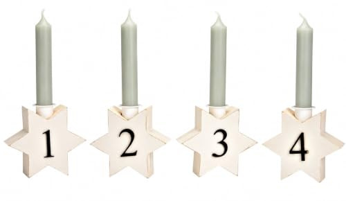 Adventsdeko 4er Set Kerzenständer Sterne mit Zahlen 1–4 in Creme-Weiß – Holz Adventskerzenhalter für Stabkerzen – Weihnachtsdeko modern & skandinavisch