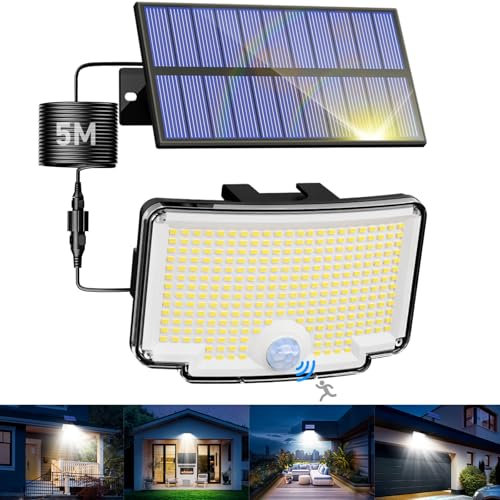 nipify Focos Led Exterior Solares, Luz Solar con Sensor de Movimiento, 318 LED/3 Modos, Impermeable Potente Lampara Solar Luces Solares Led Exterior Jardin para Garajes, Caminos, Blanco Frío,1 Pieza