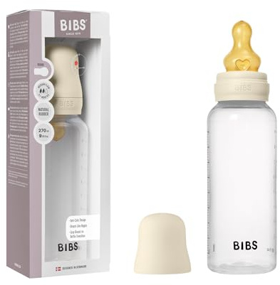 BIBS Nappflaska 270 ml Naturgummilatexsugdel - Kolikmotverkande, BPA-fri, rund sugdel, medium flöde, lätt och enkel att rengöra, lämplig för nyfödda 0+ år - Ivory