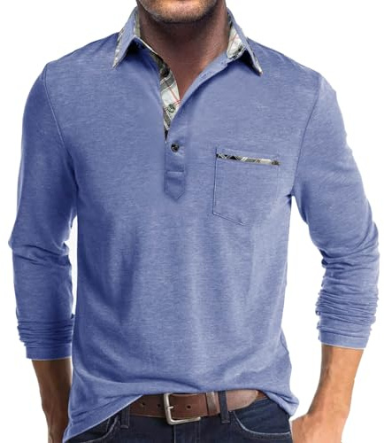 Poloshirt Herren Langarm Shirt Basic Baumwolle Langarmshirt mit Knopfleiste Mode Longsleeve Polohemd mit Brusttasche Leichte Sommershirt Regular Fit Polo Shirt Lässig Longshirt Einfarbige Oberteile