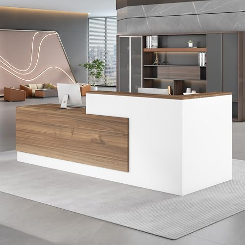 UKETO 220CM Moderne Empfangstheke aus Holz - L-Form Empfangstresen für Büros multifunktionaler Empfangstisch mit großzügigem Stauraum Geeignet für Büros Rezeptionen Hotels (Links hoch-B)