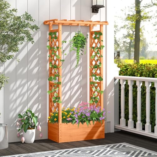 COSTWAY Cama de Jardín Elevada con Enrejado, Jardinera de Madera Independiente con Techo para Colgar, Agujeros de Drenaje para Plantas Trepadoras, Flores, Hortalizas, Maceta de Plantación para Patio