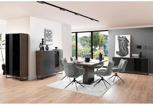 Lomadox Esszimmer Set mit Ausziehtisch, Vitrine, Highboard, Sideboard in schwarz mit Eiche modern 4-teilig