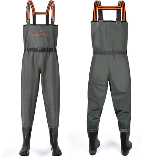 YOOHBERRYS Waders Peche Homme, Waders Pantalons de Pêche avec Poche Poitrine, Pantalons de Waders avec Bottes 42-46, Waders Peche Antidérapants Cadeau pour Amateurs de Pêche e Sportive (Vert, 44)
