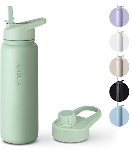 Vinsun Trinkflasche Edelstahl grün 750ml - auslaufsicher, Kohlensäure geeignet, BPA frei - Strohhalm, Trinköffnung - Thermosflasche Sport, Outdoor, Schule, Wandern, Fahrrad, Büro, Camping