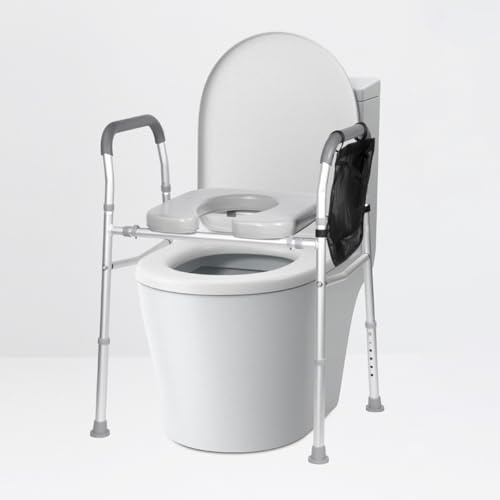 Niwugady Toilettensitzerhöhung mit Armlehnen, Verstellbare Breite Höhe WC Sitzerhöhung für Senioren, Tragkraft 136 kg, Verstärktes und Rutschfestes Design WC Toilettengestell mit Seitentasche