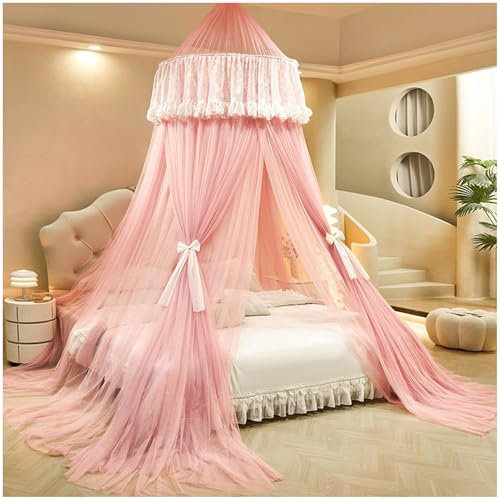 Betthimmel für Mädchen Doppelschicht Prinzessin Baldachin mit Runder Kuppel - 180 cm Hängendes Moskitonetz für Babybett,Schlafzimmer Dekoration Leseecke,Spielzelt&Schloss-Stil (Pink (3 Türen))