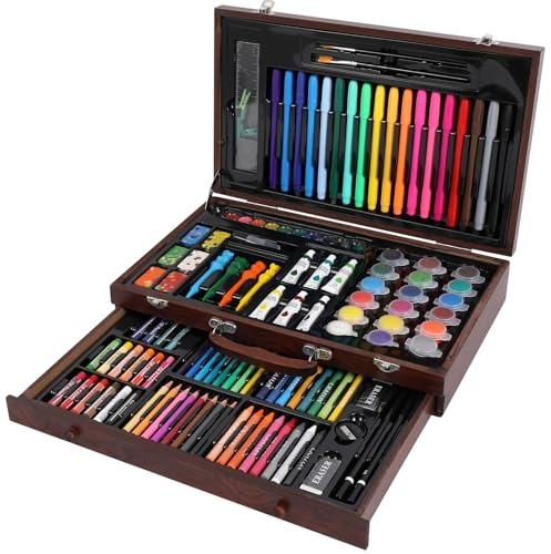 Premium Art Set 123-Piece Complete Drawing and Painting Kit with Wooden Multi Level Box, Watercolours, Coloured Pencils, Oil Pastels Crayons & Paint Brushes - Ideal for Kids, Adults and Artists