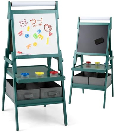 RELAX4LIFE Cavalletto per Bambini, Cavalletto a Doppia Faccia con Rullo di Carta, Vassoi di Stoccaggio, 4 Tazze per Pittura e 2 Cassetti, Cavalletto Disegno in Legno per Bambini 3+ Anni (Verde)