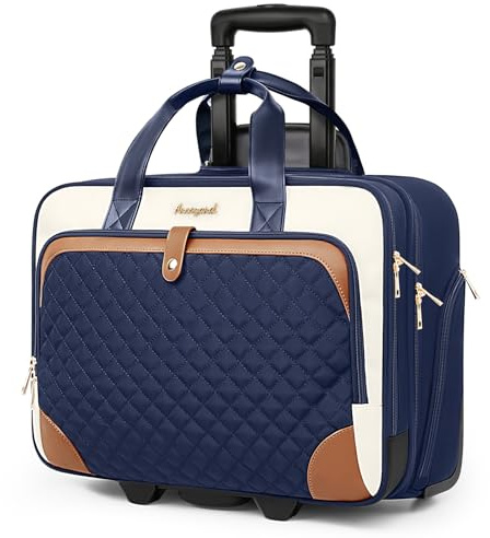 Arcoyard Rolling Laptop Bag, Rolling Briefcase for Women with Waterproof Pocket, 16 Inch Computer Bag, Underseat Carry On Luggage with Wheels for Work Travel Business, Lightweight Navy Blue Brown