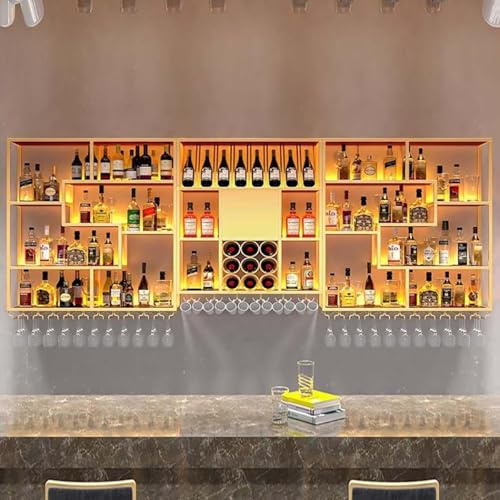 XDOPIRRS Metall-Weinschrank mit großer Kapazität, wandmontiertes industrielles Weinregal mit LED-Beleuchtung, Weinflaschen-Präsentationsregal, mit Glashalter, Weinregal aus Eisenstreifen(Gold,200cm)