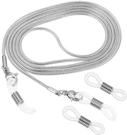 Healvian Catena per occhiali in acciaio inox, antiscivolo, stile serpente, con punte per occhiali e occhiali da sole, resistente cordoncino argentato, accessorio alla moda
